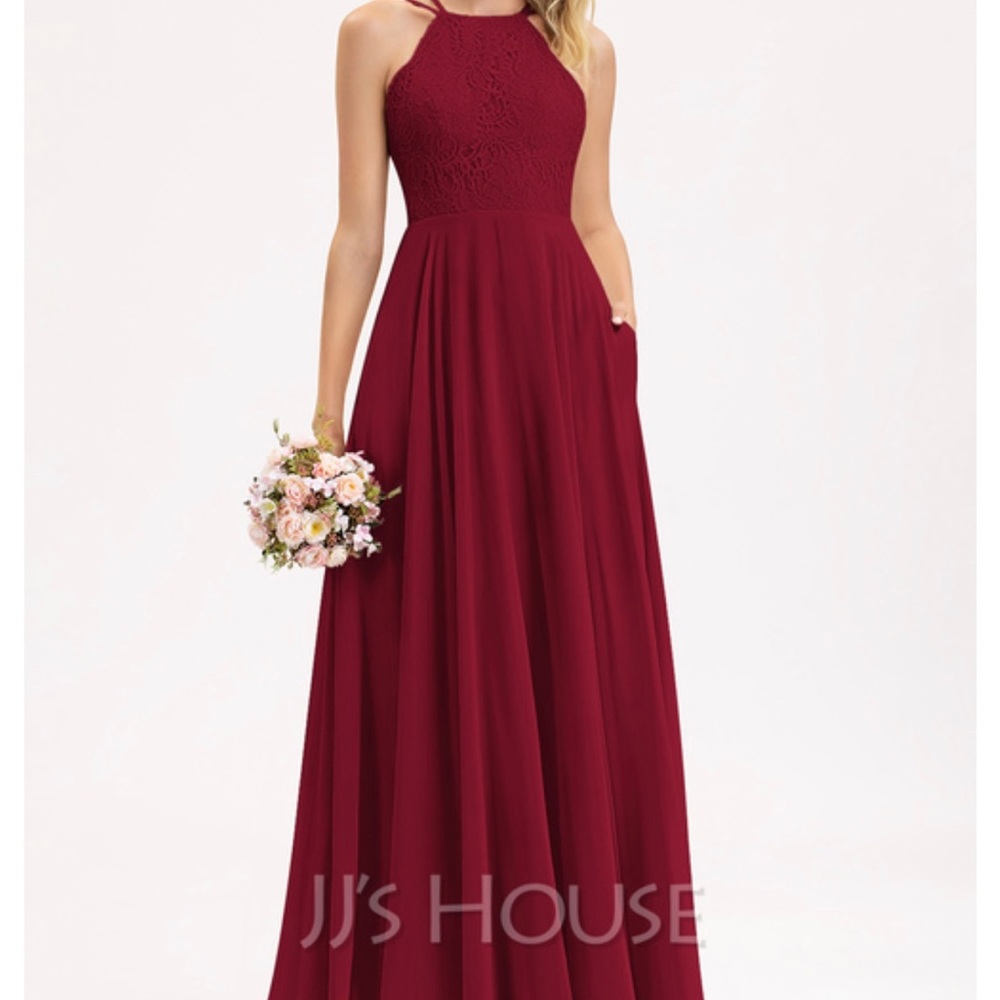 A-line floor length Chiffon lace bridesmaid dress with pockets!